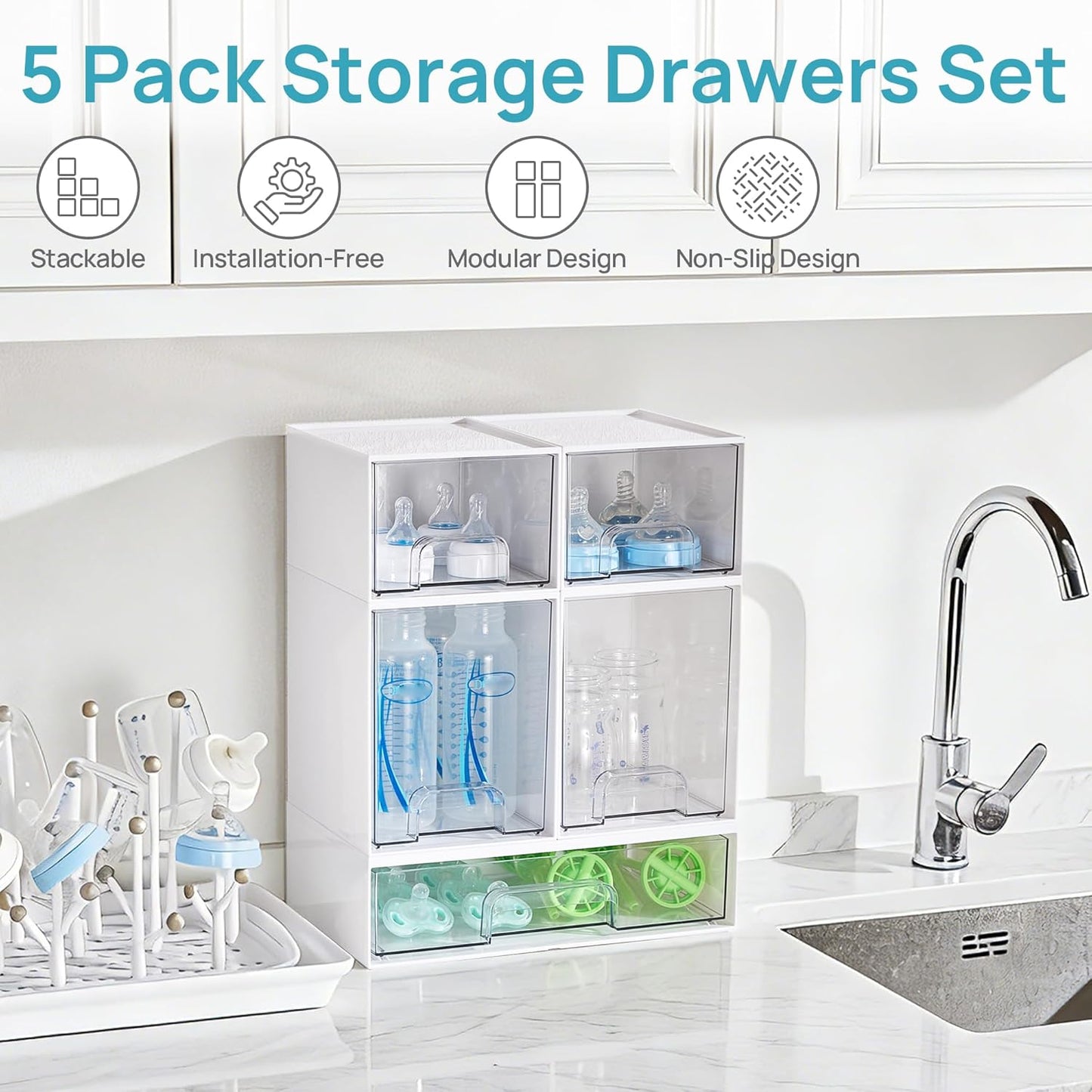 Vtopmart Stackable Storage Drawers Set of 4, Clear Plastic Organizer Bins for Bathroom Supplies,Ideal for Cabinet,Pantry,Laundry Room Organization