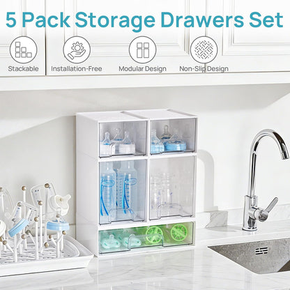 Vtopmart Stackable Storage Drawers Set of 4, Clear Plastic Organizer Bins for Bathroom Supplies,Ideal for Cabinet,Pantry,Laundry Room Organization