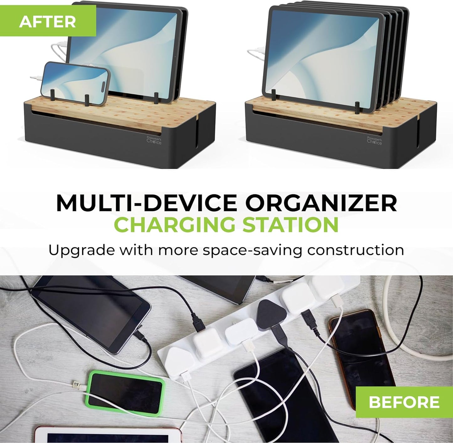 Prosumer's Choice Wooden Charging Station Organizer - 5-Port Base for Phones, Tablets and Laptops - Multi-Device Docking Station with Removable Divider Slots - Cord Box with Cable Management - Bamboo