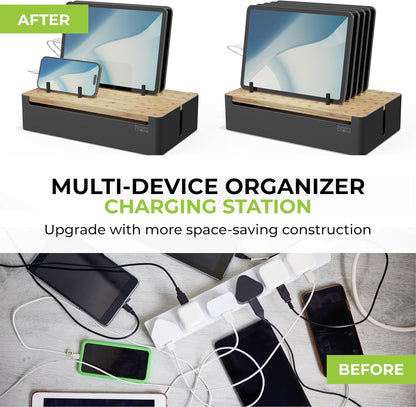 Prosumer's Choice Wooden Charging Station Organizer - 5-Port Base for Phones, Tablets and Laptops - Multi-Device Docking Station with Removable Divider Slots - Cord Box with Cable Management - Bamboo
