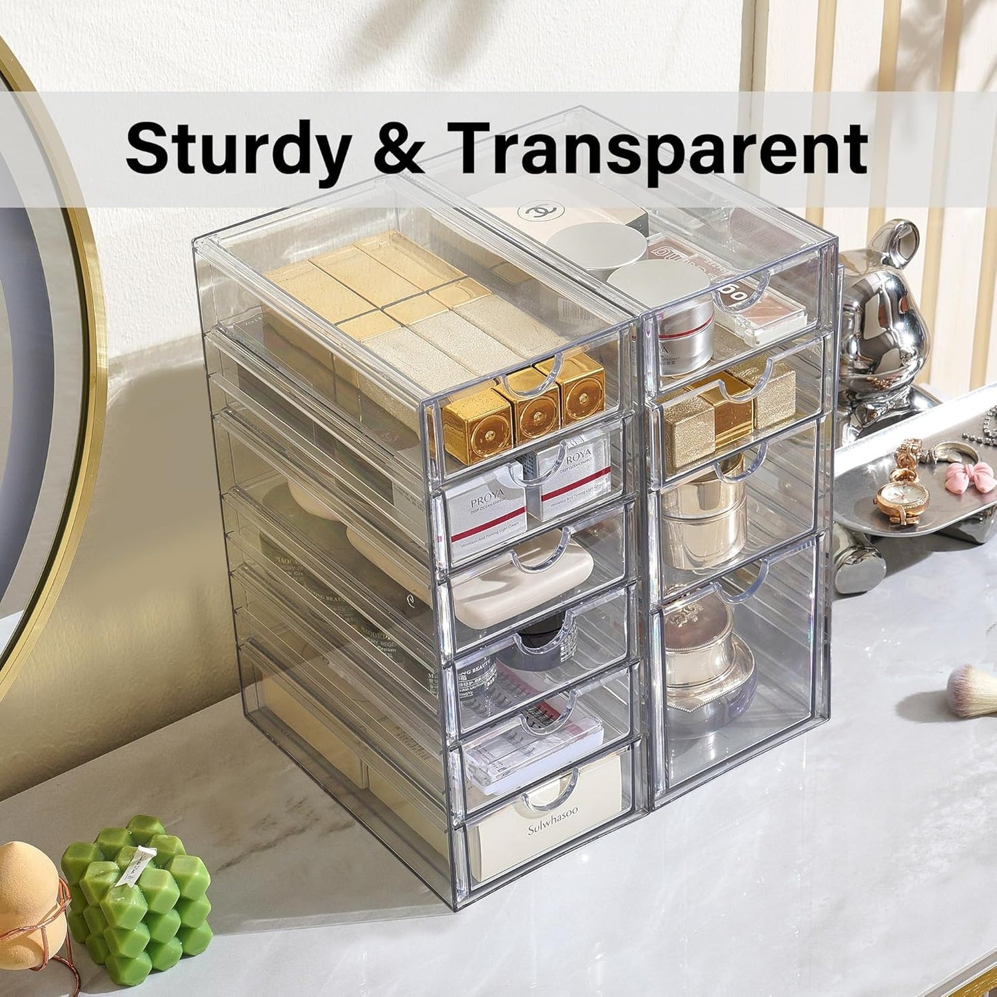 Prsildan Acrylic Makeup Organizer, 2 Pack Stackable Storage Drawers with 6 Drawers for Office Desk Vanity Craft Room Clear Drawer Organizers for Hair Accessories Art Supplies Cosmetics Modular System