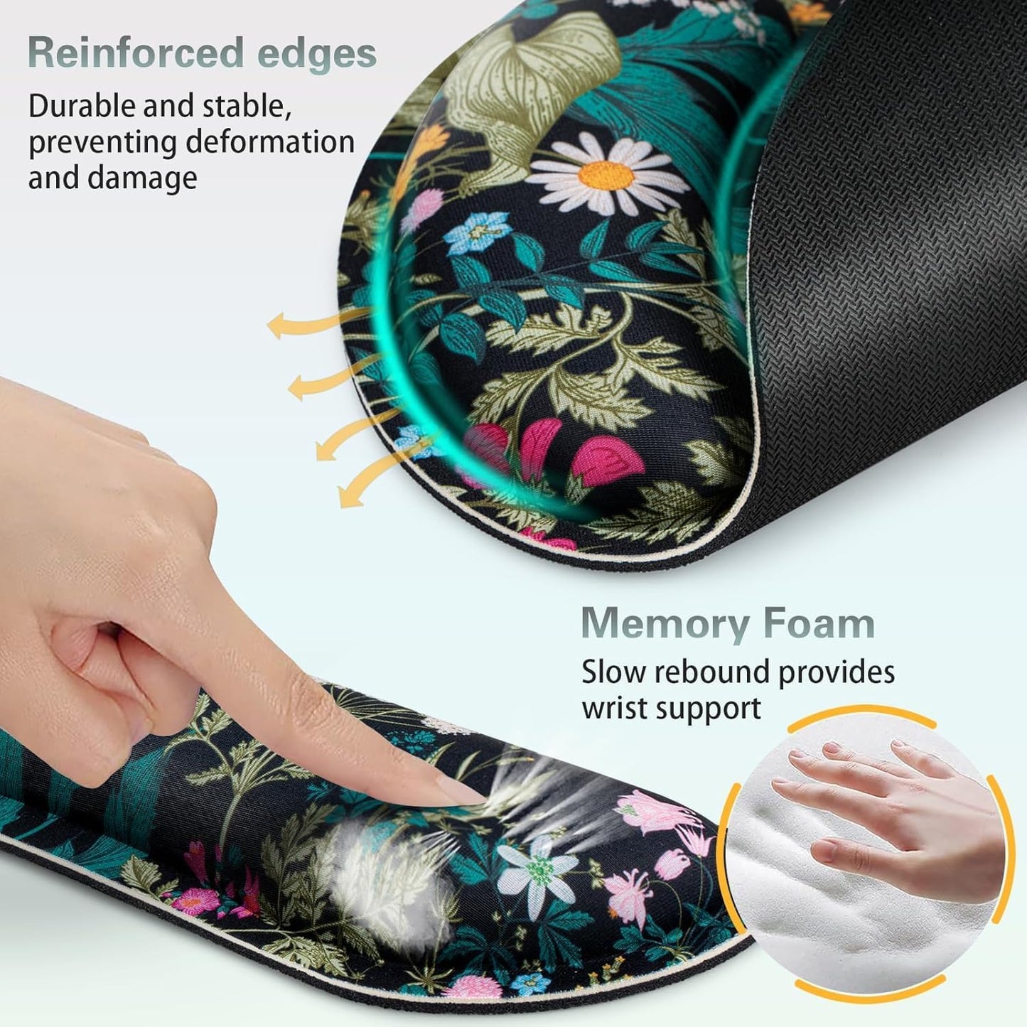 Mouse Pad with Wrist Rest Set, Qomolama 3-in-1 Wrist Support Mouse Pad Set, Floral Gaming Mousepad with Anti-Skid Base,Ergonomic Mouse Pad,Memory Foam Keyboard Gel Wrists Rest