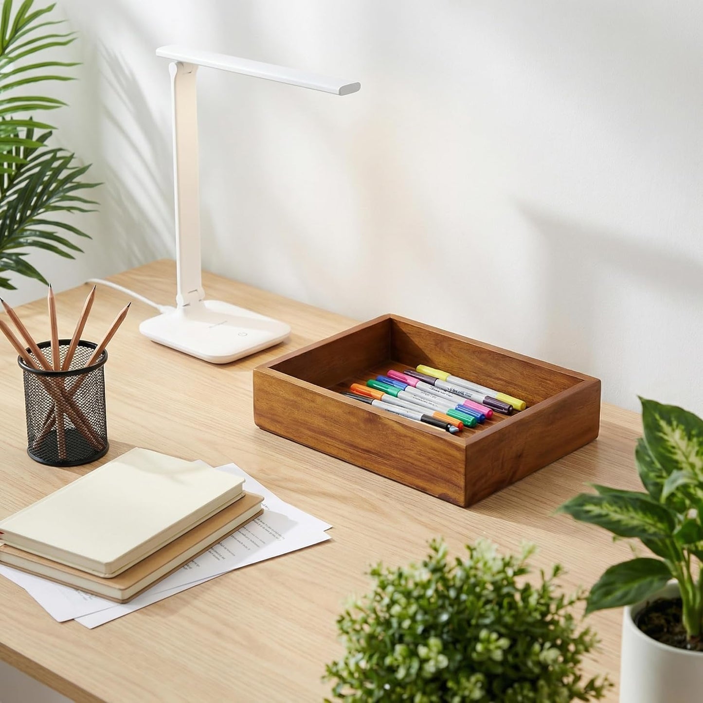 Demigo Acacia Wood Desk Organizer Tray - 9.5x6.7x2 Inch Letter & Stationery Holder for Office, Entryway, Desktop - Natural Wood Catchall for Pens, Mail, Keys