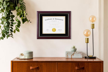 ELSKER&HOME Diploma Frame - Wide Solid Wood Frame - Black Velvet Golden Rim Mat - Semi-Tempered Glass - Includes Hanging Hardware and Desktop Easel(ONLY Display 11×14 Document/Certificate)