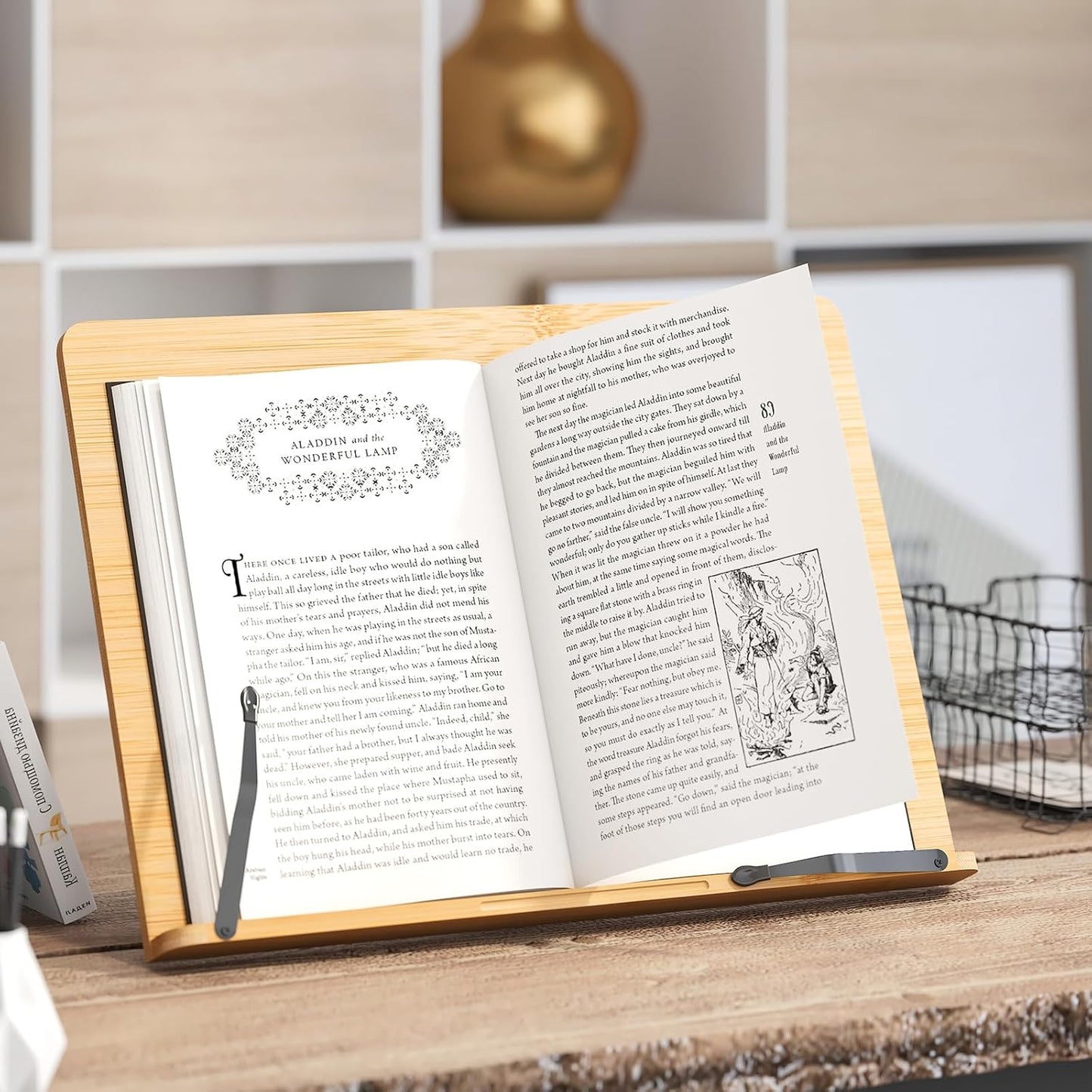 Bamboo Book Stand, Adjustable Reading Holder with Page Clips, Portable Lightweight Desk Stand for Textbooks, Cookbooks (Small)