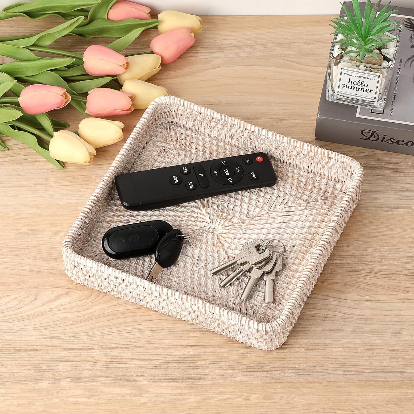 Hipiwe Key Basket Tray for Entryway Table Rattan Serving Tray Handwoven Wicker Baskets Vanity Trays Square Decorative Fruit Trays for Kitchen Counter Bedside Living Room Bathroom, 8.1"