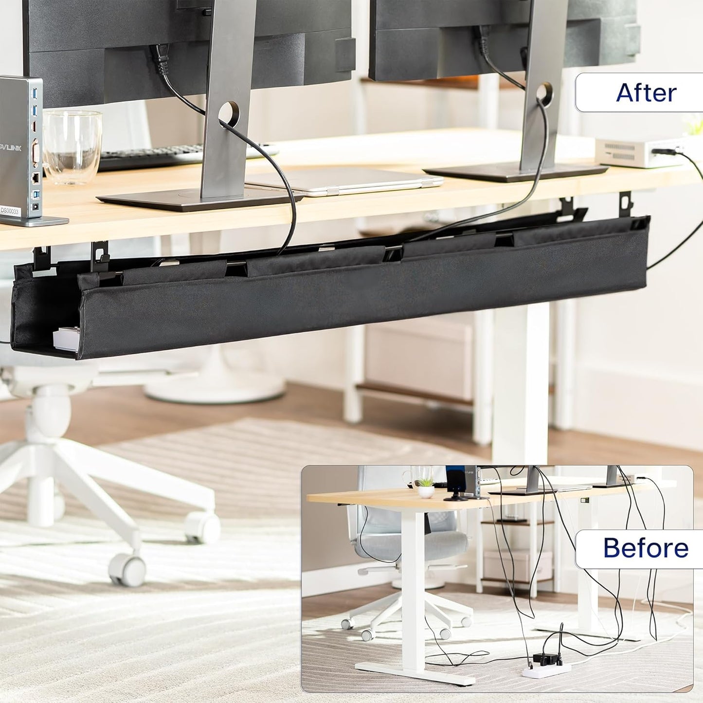 VIVO Screw-on Under Desk 47 inch Fabric Cable Management Tray, Wire Concealer, Power Strip Storage, Workspace Organization, Easy Fold Down Access, Black, DESK-AC47F-S