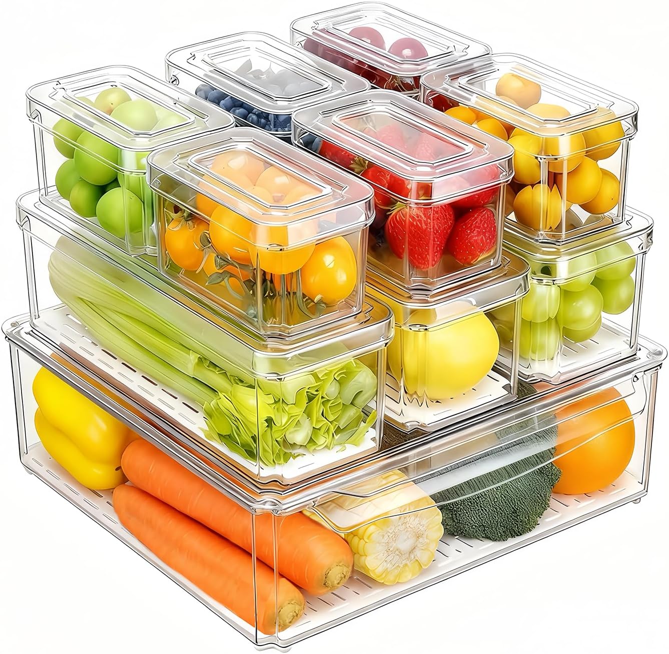 Pure Future 10-Pack Clear Fridge Organizer Containers with Lids, Stackable BPA-Free Refrigerator & Produce Storage Containers with Drain Tray & Anti-Slip Base for Fruits, Veggies & Drinks