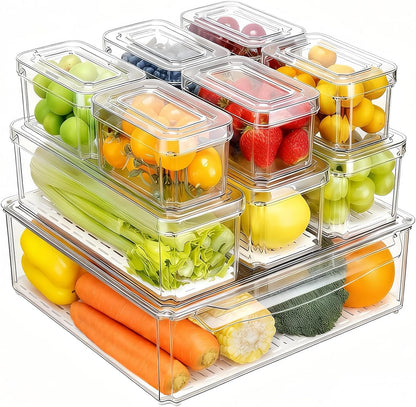 Pure Future 10-Pack Clear Fridge Organizer Containers with Lids, Stackable BPA-Free Refrigerator & Produce Storage Containers with Drain Tray & Anti-Slip Base for Fruits, Veggies & Drinks