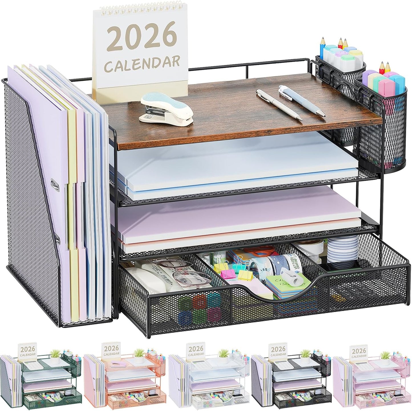 gianotter Desk Organizers and Accessories with File Holder, 4-Tier Desk Accessories & Workspace Organizers with Drawer and 2 Pen Holder, Paper Organizer for Office Supplies (Rose Gold)
