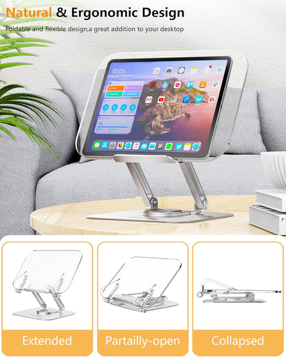ACIsland Acrylic Book Stand for Reading-Adjustable Holder with 360° Rotating Base & Page Clips- Foldable Desktop Ricer for displaying Cookbook-Sheet Music-Laptop-Recipe-Textbook-Hands Free-Aluminium