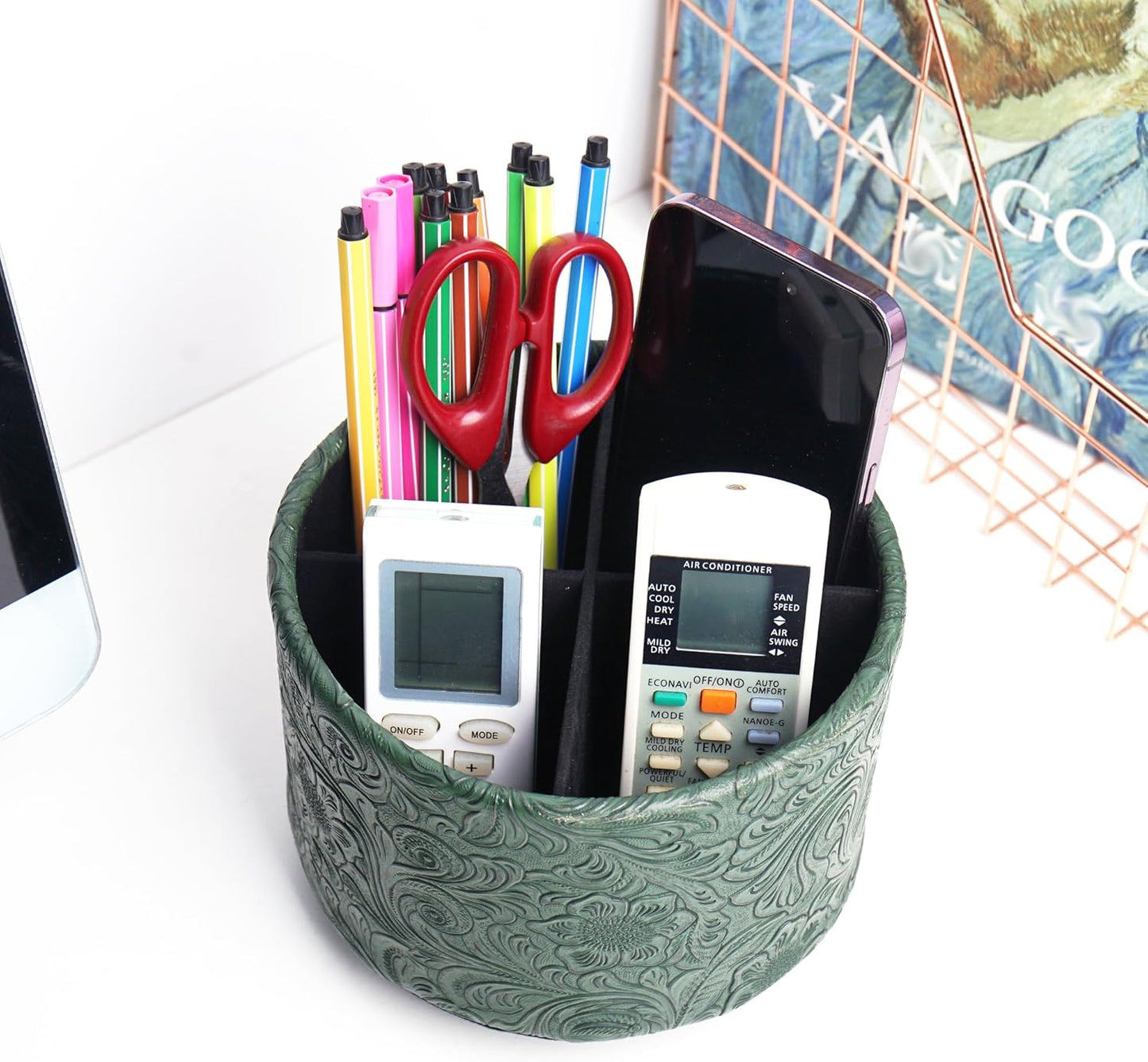 lizimandu Round Leather Art Supply Organizer,Remote Control Holder,360 Degree Spinning,Multi-Functional Pencil Holder,4 Compartments Desktop Stationary Organizer(1-Gold) - Colors A