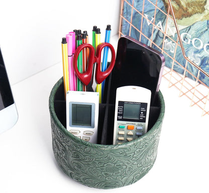 lizimandu Round Leather Art Supply Organizer,Remote Control Holder,360 Degree Spinning,Multi-Functional Pencil Holder,4 Compartments Desktop Stationary Organizer(1-Gold) - Colors A