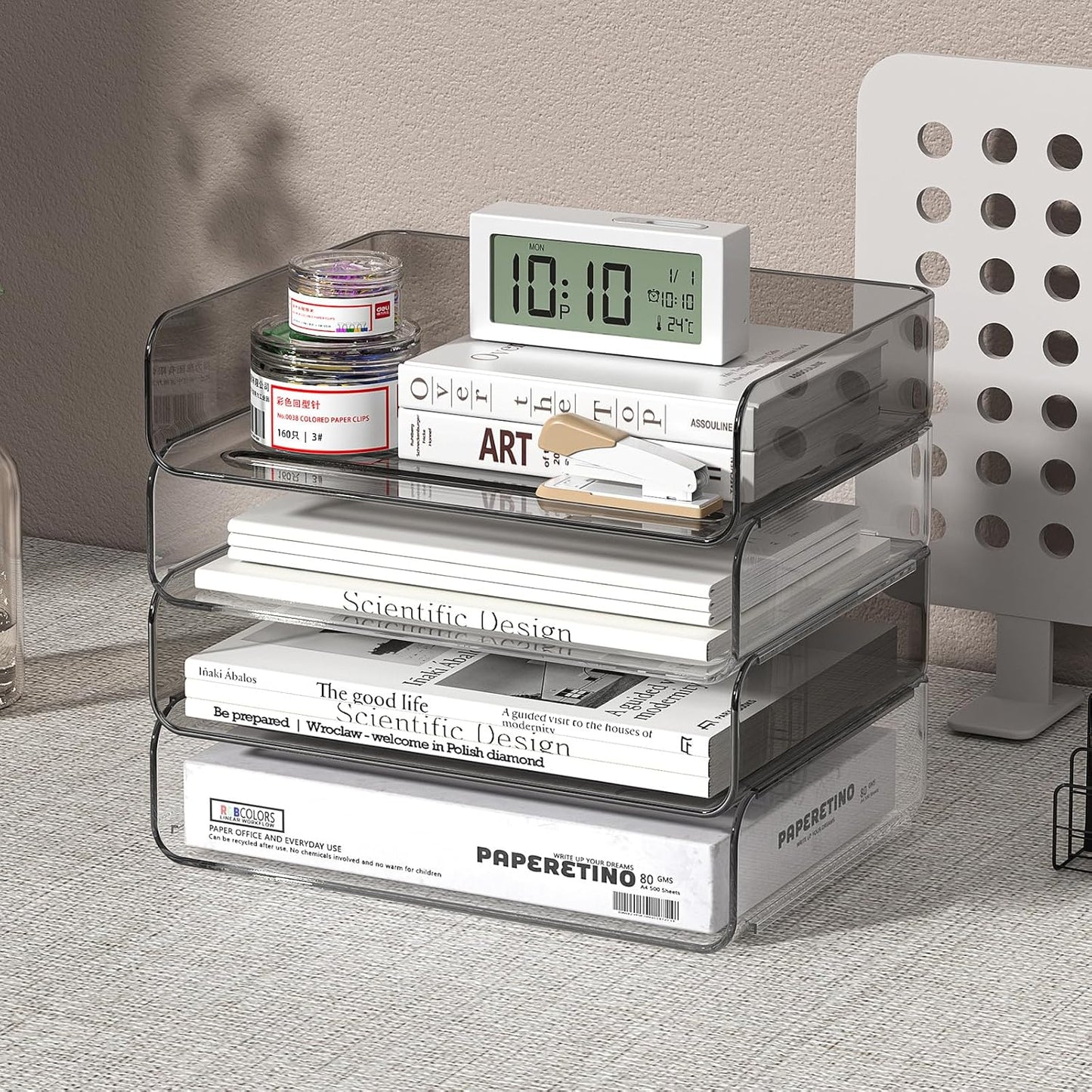 FANXIYQ 4-Tier Acrylic Paper Tray Organizer - Low-Profile Desk File Sorter for Office/Home, Clear Stackable Letter Tray for Bills, Crafts, Notebooks