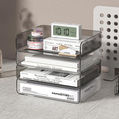 FANXIYQ 4-Tier Acrylic Paper Tray Organizer - Low-Profile Desk File Sorter for Office/Home, Clear Stackable Letter Tray for Bills, Crafts, Notebooks