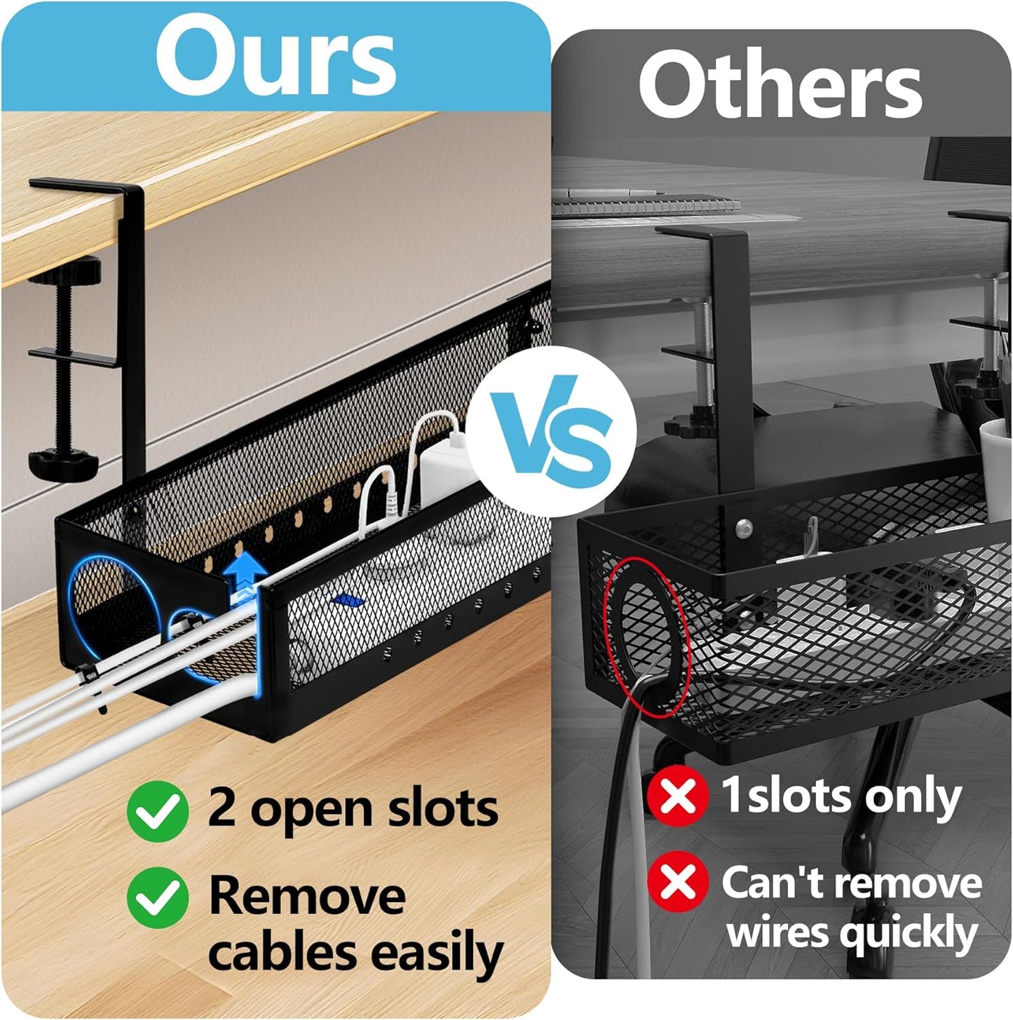 Under Desk Cable Management Tray No Drill - 25'' Large Metal Mesh Cord Organizer with Clamp Mount 2 Hole Cable Organizer Tray with Wire Management for Home Office Standing Desk