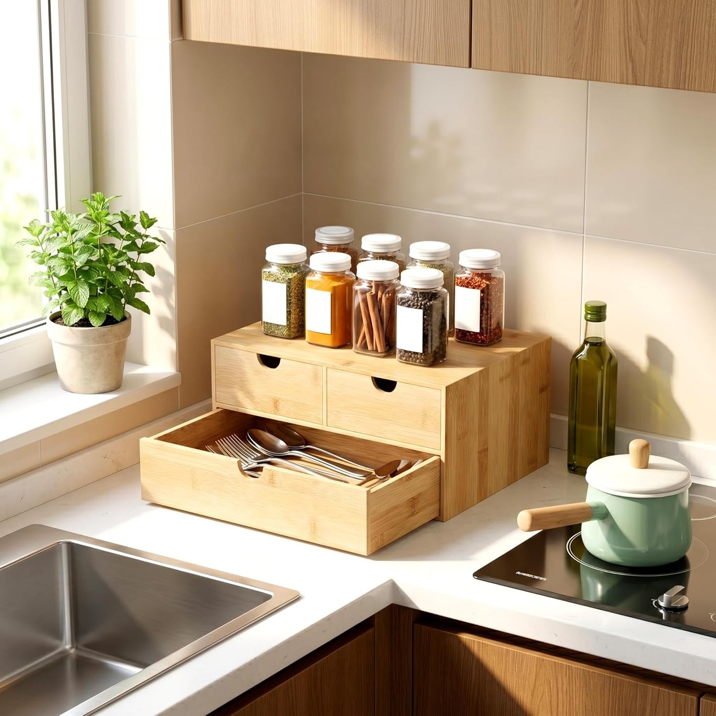 Desk Organizer with Drawers - Bamboo Desktop Organizer Storage | Wood Desk Drawers Organizer for Bills, Office Supplies, Cosmetics, Seals No Assembly Required (3 Drawer with Big Drawer)