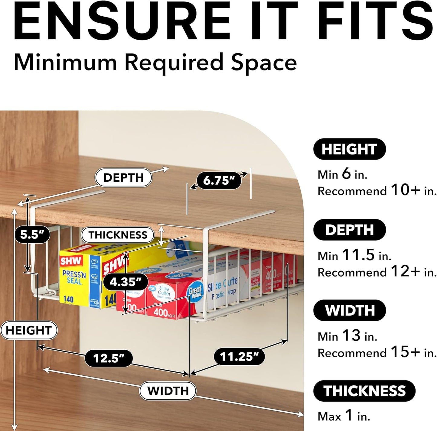 Simple Houseware Under Shelf Basket, White – 2-Pack Space-Saving Storage Organizer for Kitchen, Pantry, Closet, Office – Wire Metal Shelf Organizer, No Tools Required