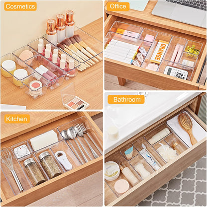 SMARTAKE 13-Piece Drawer Organizers with Non-Slip Silicone Pads, 5-Size Desk Bathroom Drawer Organizer Trays Storage Tray for Makeup, Jewelries, Utensils in Bedroom Dresser, Office and Kitchen, Clear