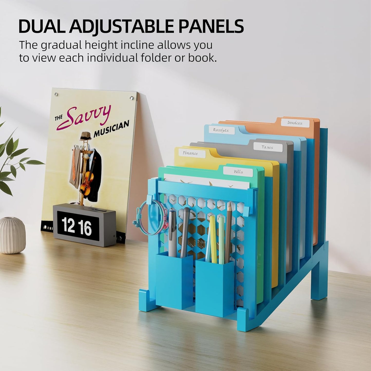 File Organizer for Desk with Storage Box & Hook, Inclined Desk File Organizer with 5-Section Vertical File Holder Suitable for Home Office Document Organization (Black)