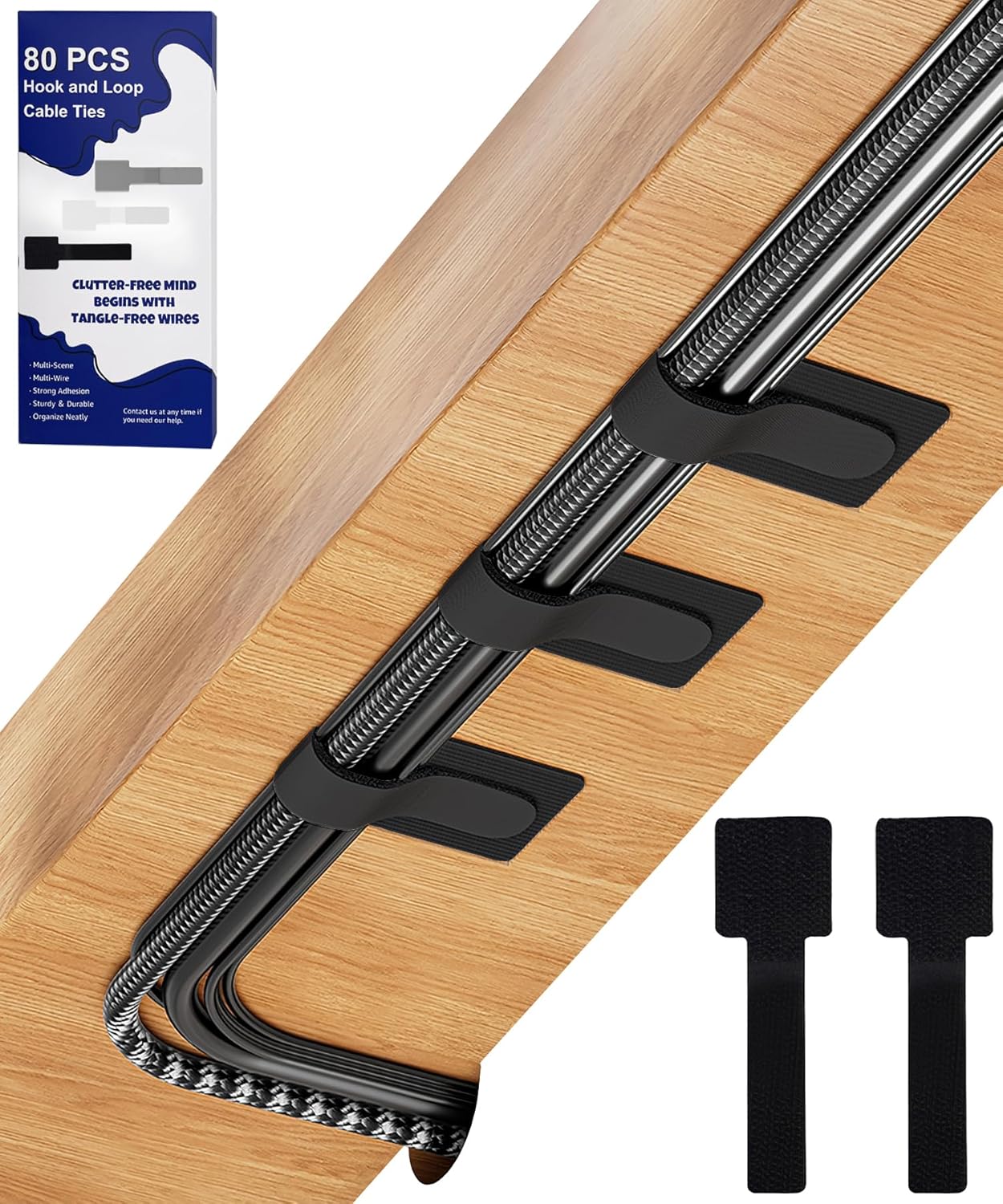80PCS Hook and Loop Cable Ties, Under Desk Cable Management, Adhesive Cable Straps, Cord Management Hider Idea, Cord Organizer for Desk, Computer Accessories, Home Office Organization, Black+White