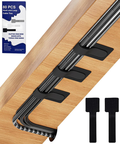 80PCS Hook and Loop Cable Ties, Under Desk Cable Management, Adhesive Cable Straps, Cord Management Hider Idea, Cord Organizer for Desk, Computer Accessories, Home Office Organization, Black+White