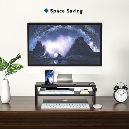 BONTEC Wooden Monitor Stand Riser, 2-Tier Desk Shelf with Storage Organizer, Ergonomic Computer Stand with Cable Management, Cellphone Holder, White, 16.5 Inch