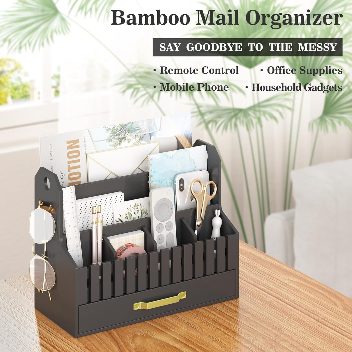 Bamboo Mail Organizer Countertop with Drawers, Wood Desk File Organizer Desktop Paper Organization Storage Bill & Letter Sorter Holder for School Home Office Supplies, No Assembly Required (Nature)