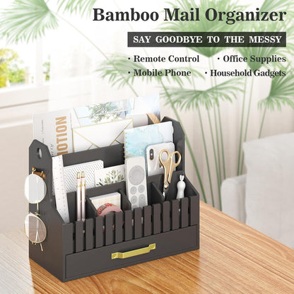 Bamboo Mail Organizer Countertop with Drawers, Wood Desk File Organizer Desktop Paper Organization Storage Bill & Letter Sorter Holder for School Home Office Supplies, No Assembly Required (Nature)