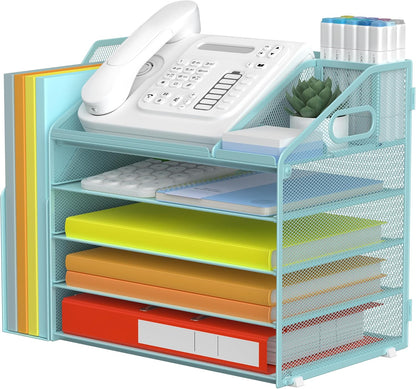 DocNest 4 Tier Metal Mesh Letter Tray - Space Saving Desk File Organizer with Handle, Pen Holder & Folder Holder - Desktop Document Sorter for Office, Home, School, Classroom - Black