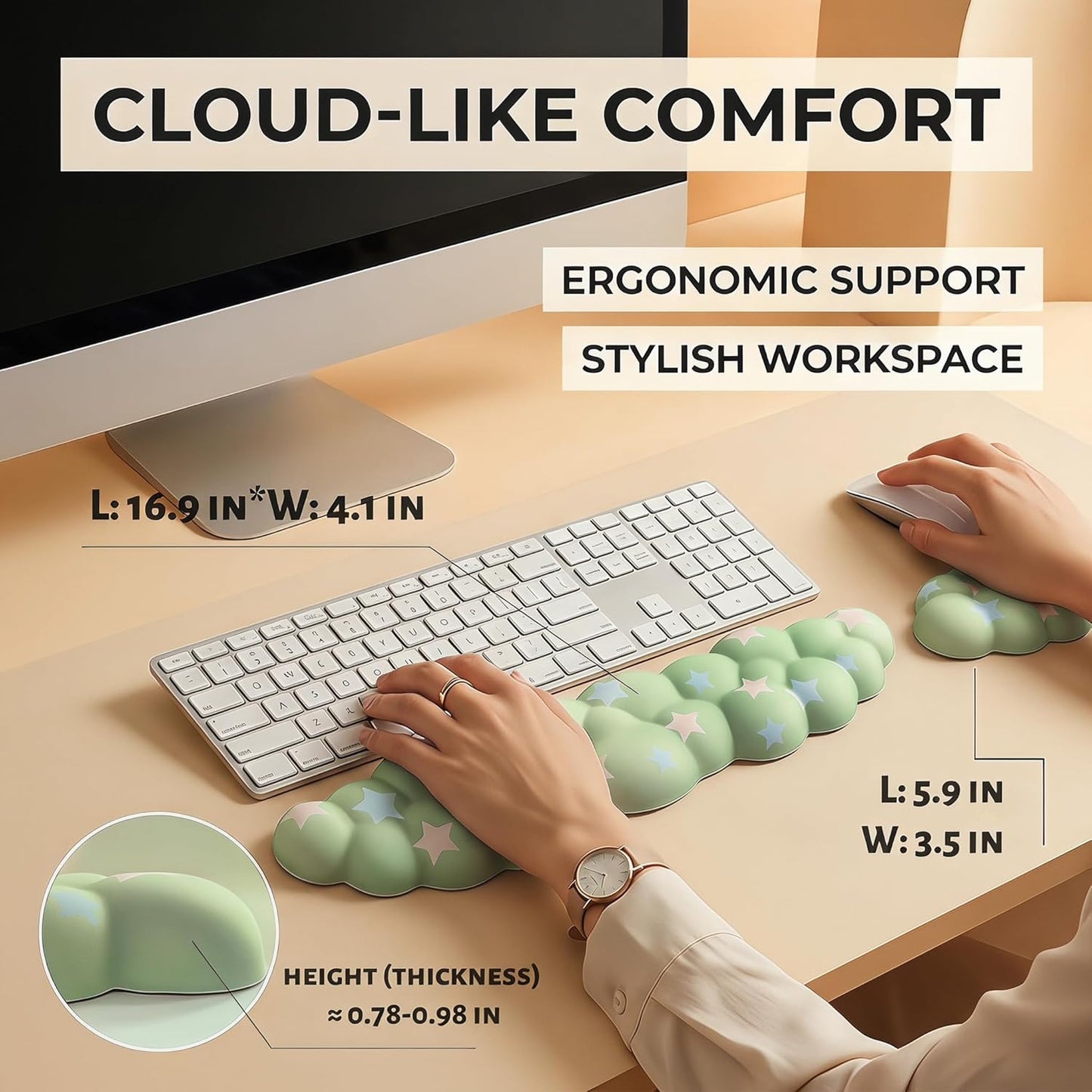 Cloud Wrist Rest Set for Keyboard and Mouse, Includes Cute Coaster, with Computers and Laptops（Purple Star Set）
