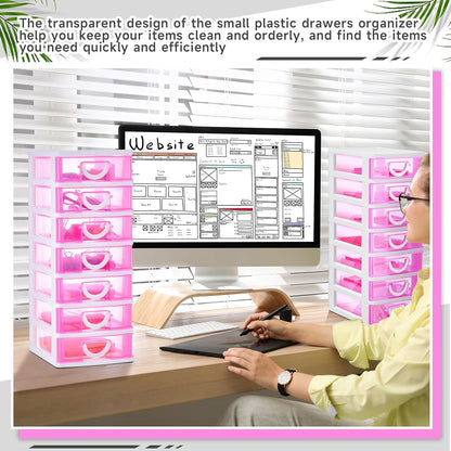 Thyle 2 Pcs Plastic Drawers Organizer Mini Organizer Stackable Plastic Clear Drawer Storage Box Containers Storage Units for Desktop Classroom Craft 6.7 x 4.9 x 13.4 inches(Purple)