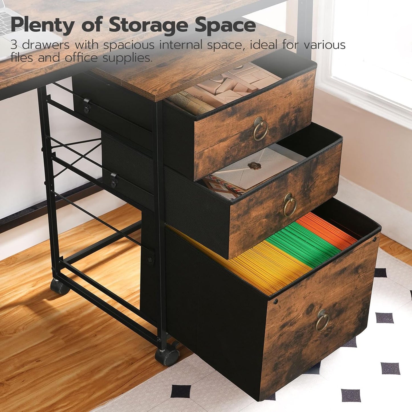 HOOBRO 3-Drawer Mobile File Cabinet, Vertical Filing Cabinet, Under Desk Storage Drawers for Home Office, Rolling Printer Stand, A4/Letter-Sized, Nonwovens Drawer, Rustic Brown and Black BFK30WJ01