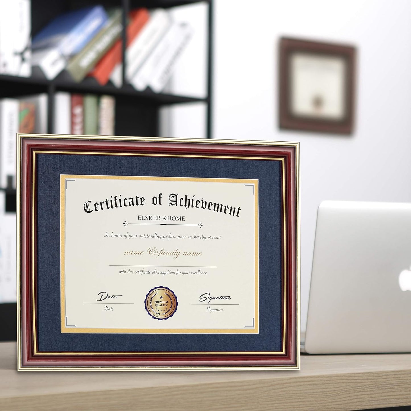 ELSKER&HOME Diploma Frame - Wide Solid Wood Frame - Black Velvet Golden Rim Mat - Semi-Tempered Glass - Includes Hanging Hardware and Desktop Easel(ONLY Display 11×14 Document/Certificate)