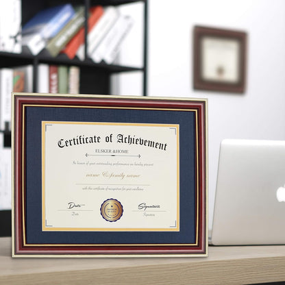 ELSKER&HOME Diploma Frame - Wide Solid Wood Frame - Black Velvet Golden Rim Mat - Semi-Tempered Glass - Includes Hanging Hardware and Desktop Easel(ONLY Display 11×14 Document/Certificate)