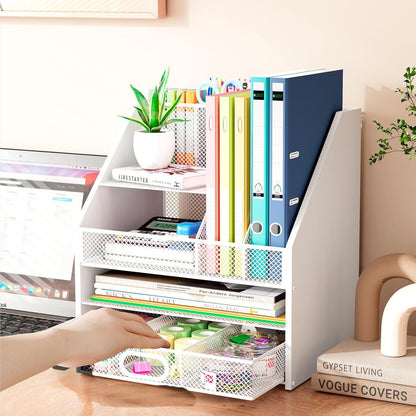 Homsorout Wooden Desk Organizer - Mesh File Organizer with Drawers and Pen Holder - 4-Tier Vertical Paper Letter Storage Tray, Desktop Organizers and Accessories for Home Office