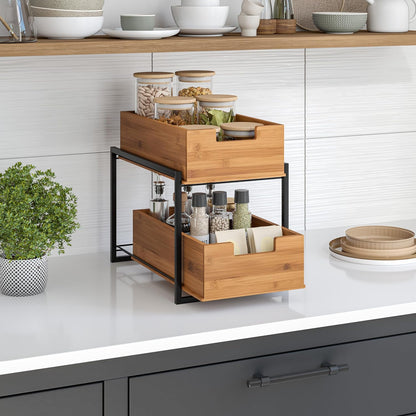 Seville Classics Bamboo Premium Organizer Storage Bins for Kitchen Silverware, Pantry, Closet, Office Desk, Pens, Utensils, Makeup, K Cup, Bamboo, Bag Holder Bin Set (4 Piece)