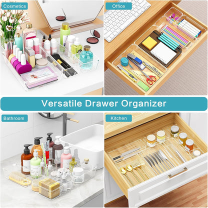 Manalete Drawer Organizers Set of 15, 4 Sizes Clear Plastic Drawer Organizers and Storage Bins for Kitchen, Bathroom, Office, Dresser Desk Drawer Organizer Tray for Jewelry, Makeup, Junk, Gadgets