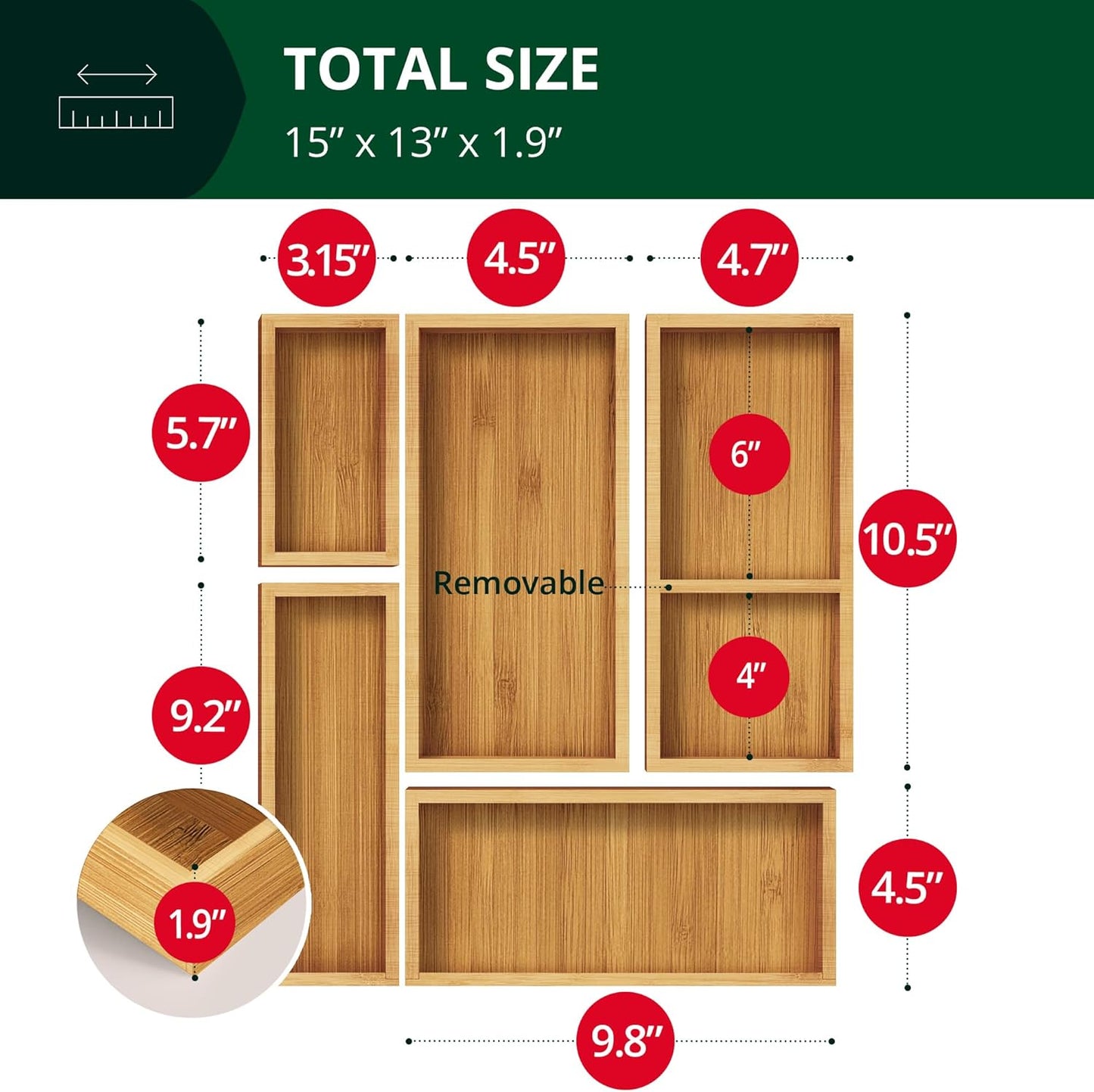 ROYAL CRAFT WOOD 5-Piece Bamboo Drawer Organizer Set – Multi-Use Storage Trays for Kitchen, Bathroom, Office, Makeup, Jewelry & More – Junk Drawer Tray, Utensil Holder, Storage Box & Bin Set (5 Boxes)
