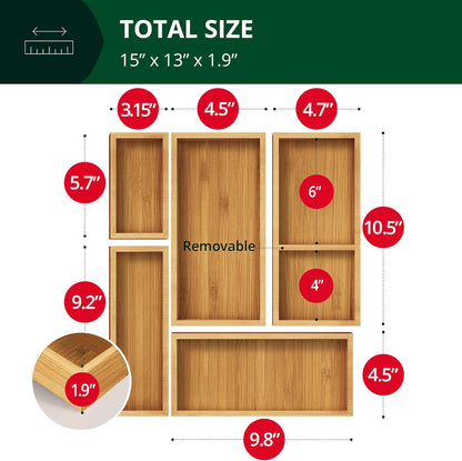 ROYAL CRAFT WOOD 5-Piece Bamboo Drawer Organizer Set – Multi-Use Storage Trays for Kitchen, Bathroom, Office, Makeup, Jewelry & More – Junk Drawer Tray, Utensil Holder, Storage Box & Bin Set (5 Boxes)
