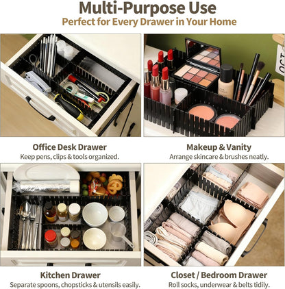 Drawer Divider Adjustable Diy Storage Organizer Separator for Tidying Clutter Cutlery Makeup Clothes of Dresses, Desk & Box in Kitchen Bathroom Bedroom Office (Cut at Will) (White 8pcs)