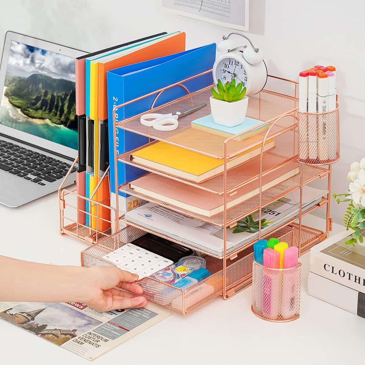 Marbrasse Desk Organizer with File Holder, 5-Tier Paper Letter Tray Organizer with Drawer and 2 Pen Holder, Mesh Desktop Organizer and Storage with Magazine Holder for Office Supplies(Black)