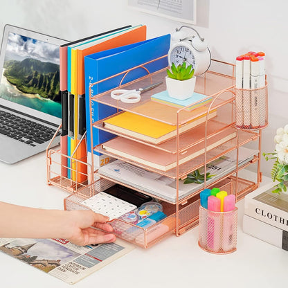 Marbrasse Desk Organizer with File Holder, 5-Tier Paper Letter Tray Organizer with Drawer and 2 Pen Holder, Mesh Desktop Organizer and Storage with Magazine Holder for Office Supplies(Black)