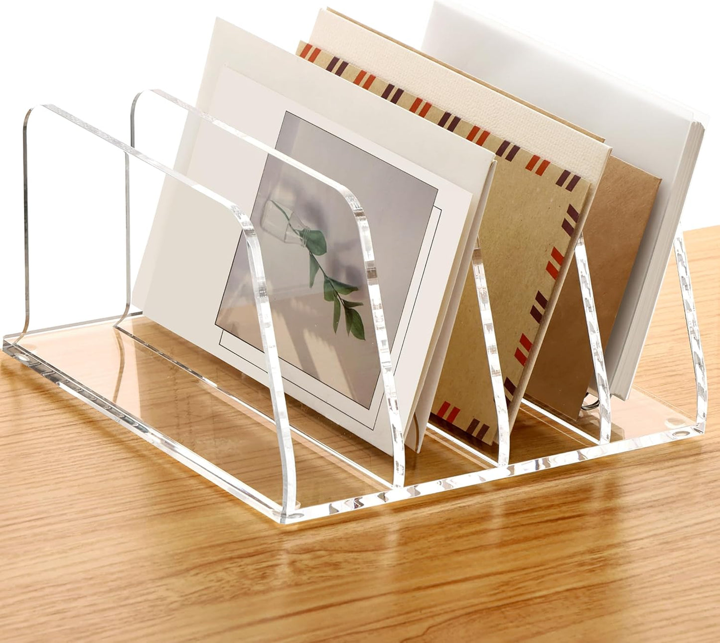 SANRUI 5 Compartments Acrylic Mail Sorter Holder, Clear Document Magazine Envelope File Rack, Vertical Letter Sorter & Multifunction Desk Organizer for Bills, Documents, Notebooks