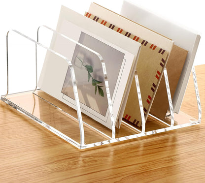 SANRUI 5 Compartments Acrylic Mail Sorter Holder, Clear Document Magazine Envelope File Rack, Vertical Letter Sorter & Multifunction Desk Organizer for Bills, Documents, Notebooks
