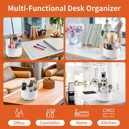 Desk Pencil Pen Holder, 5 Slots 360°Degree Rotating Pen Organizers for Desk, Desktop Storage Stationery Supplies Organizer, Cute Pencil Cup Pot for Office, School, Home, Art Supply, Dark Green