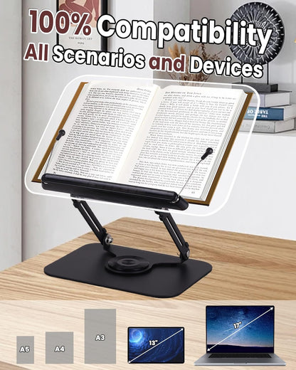 ASIEIT Desk Clamp Book Stand, Aluminum Book Holder Adjustable Height & Angle, Cookbook Stand for Kitchen, Recipe Book Holder with 360° Swivel Base, Book Stand for Reading, Office, Laptop