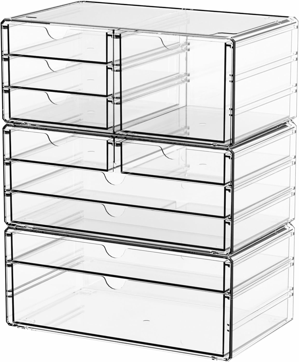 Yieach 2 Pack Acrylic Drawer Organizer With 6 Drawers,Stackable 11.1” Large Clear Storage Drawers and Makeup Organizer For Vanity,Bathroom Countertop,Cabinet,Pantry,Office Supply Storage Bins Drawers