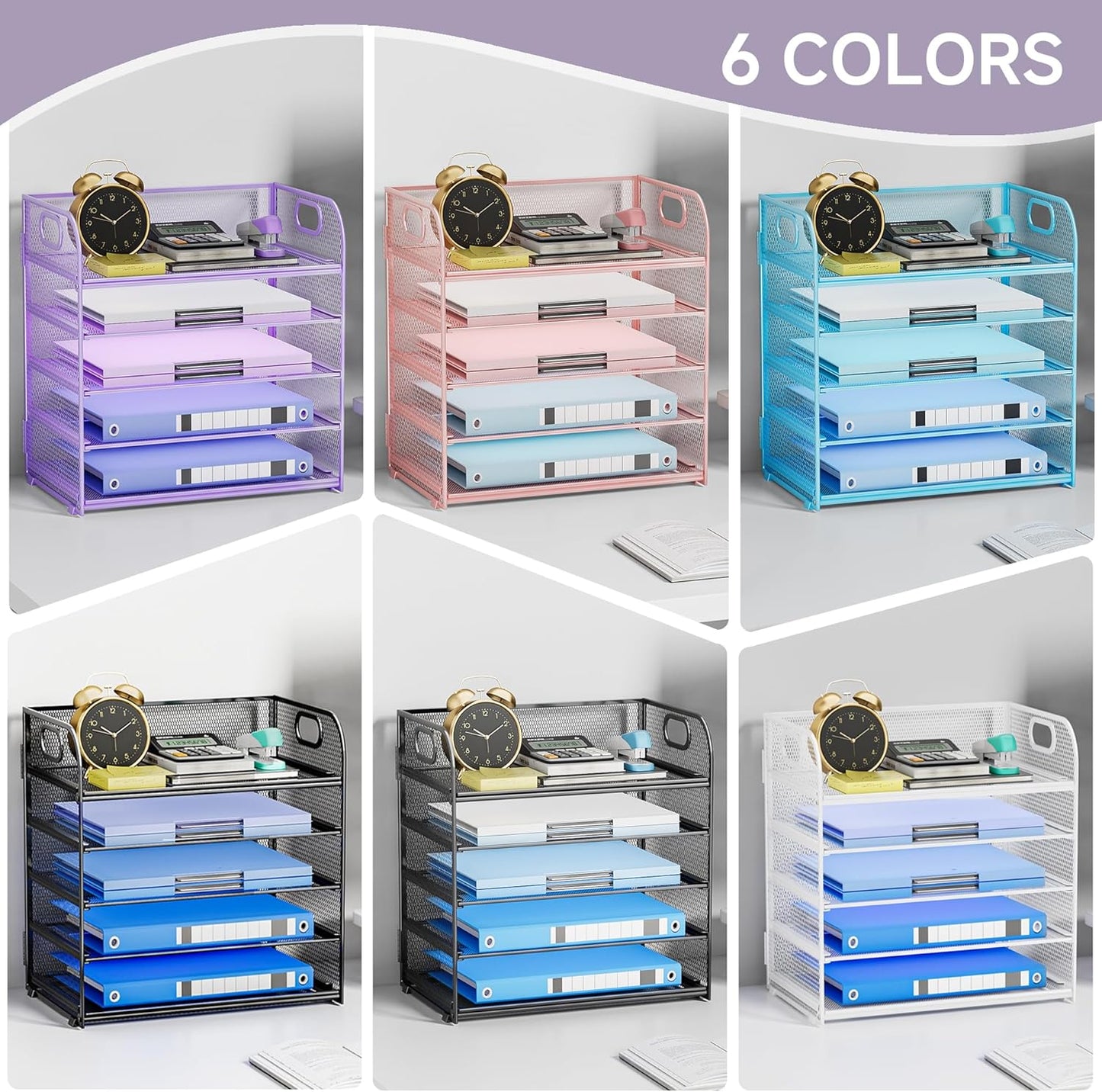 Paper Organizer Letter Tray with Handle, 5-Tier Black Stackable Desk Organizer with Metal Mesh, Sturdy Paper Tray for Office Desk, Home & Classroom Supplies Storage