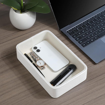 PU Leather Valet Tray Organizer, Small Nightstand Organizer Bedside Desktop Storage for Womens and Men, Perfume Trinket Catchall Vanity Tray for Key Watch Wallet (Beige, Rectangular)